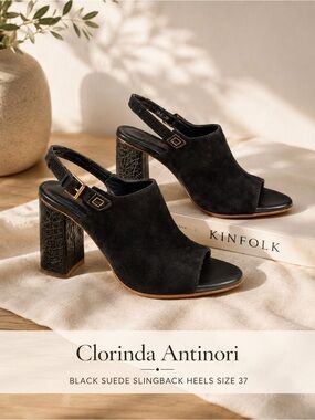 Clorinda Antinori Black Suede Slingback Block Heel Sandals Size 37 Made in Italy